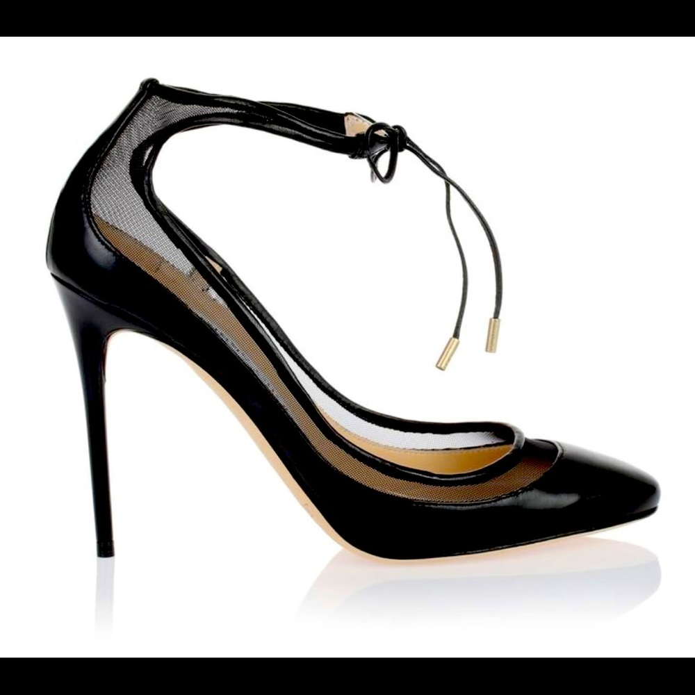 Jimmy Choo Tyler 100 black pump with mesh detail & ankle-strap w/ laces; size 40